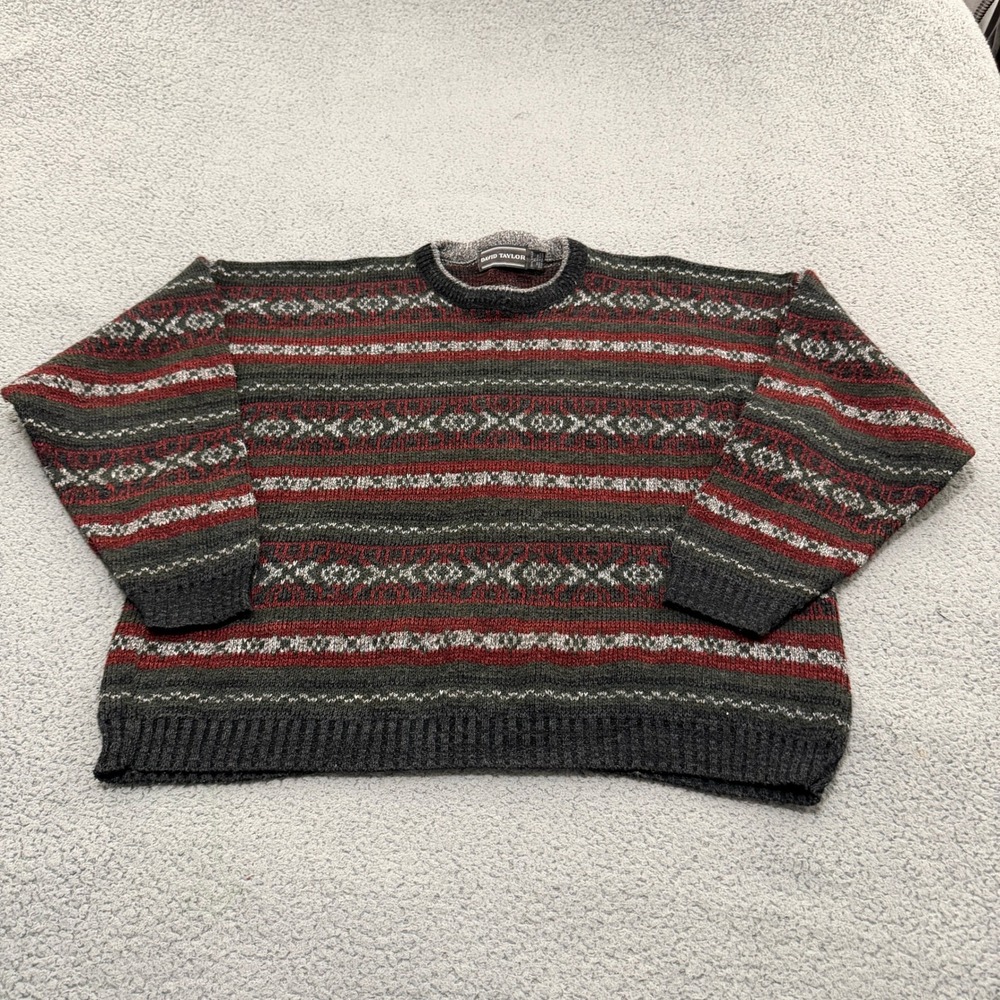 David Taylor Vintage Fair Isle Knit Sweater Mens XL Green Red Made in USA